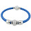Náramek s modrým pleteným designem a ozdobnými prvky, délka 210 mm, šířka 6.5 mm, průměr ozdoby 14 mm.